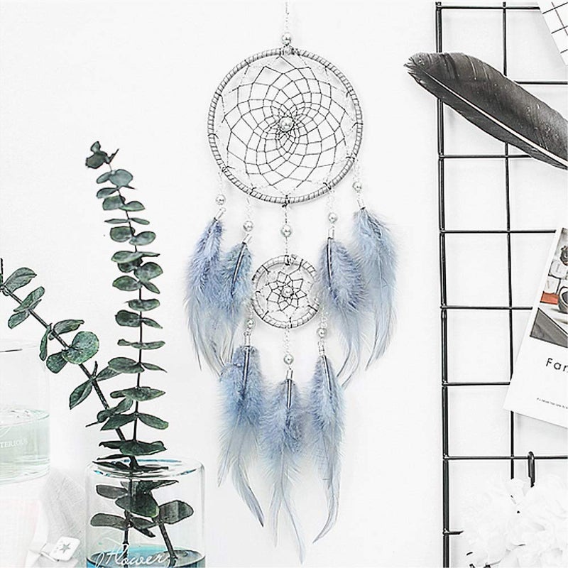 VesipaFly Dream Catcher, Handmade Circular Net Catchers Feathers Wall Hanging Decoration Craft for Bedroom Girls Love(Grey-Blue) - Image 1